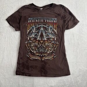 Y2K Affliction Brown Short Sleeve Bedazzled Shirt Women's Medium Back Cut Out